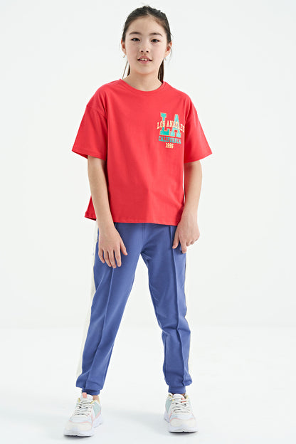 Rose Printed Front and Back O Collar Oversize Short Sleeve Girl's T-Shirt - 75127