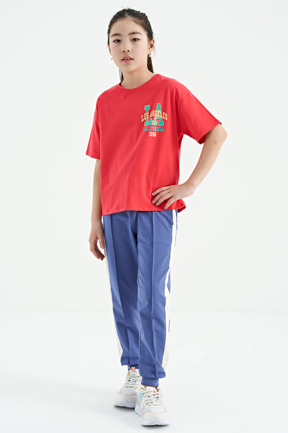 Rose Printed Front and Back O Collar Oversize Short Sleeve Girl's T-Shirt - 75127