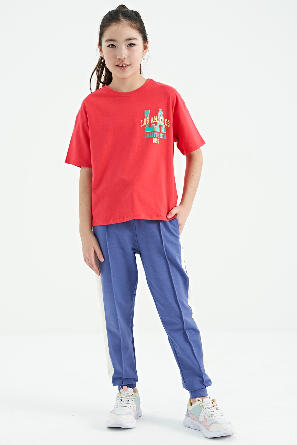 Rose Printed Front and Back O Collar Oversize Short Sleeve Girl's T-Shirt - 75127