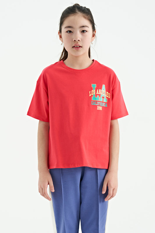 Rose Printed Front and Back O Collar Oversize Short Sleeve Girl's T-Shirt - 75127