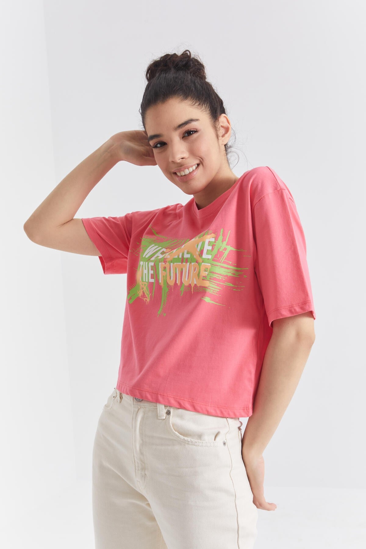 Rose Color Print O Collar Women's Oversize T-Shirt - 97212