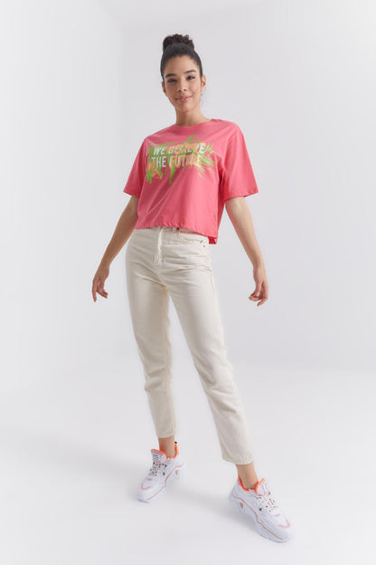 Rose Color Print O Collar Women's Oversize T-Shirt - 97212
