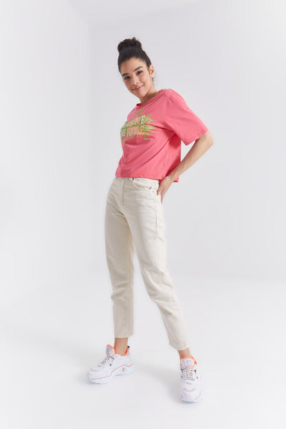 Rose Color Print O Collar Women's Oversize T-Shirt - 97212