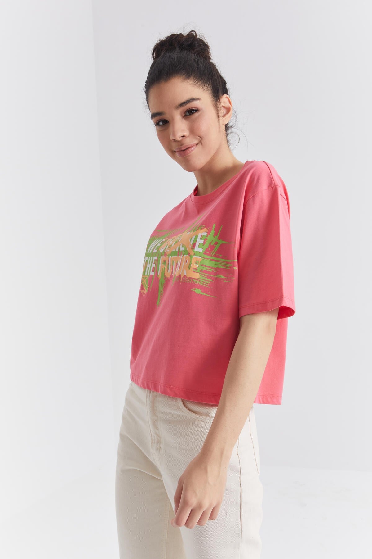 Rose Color Print O Collar Women's Oversize T-Shirt - 97212