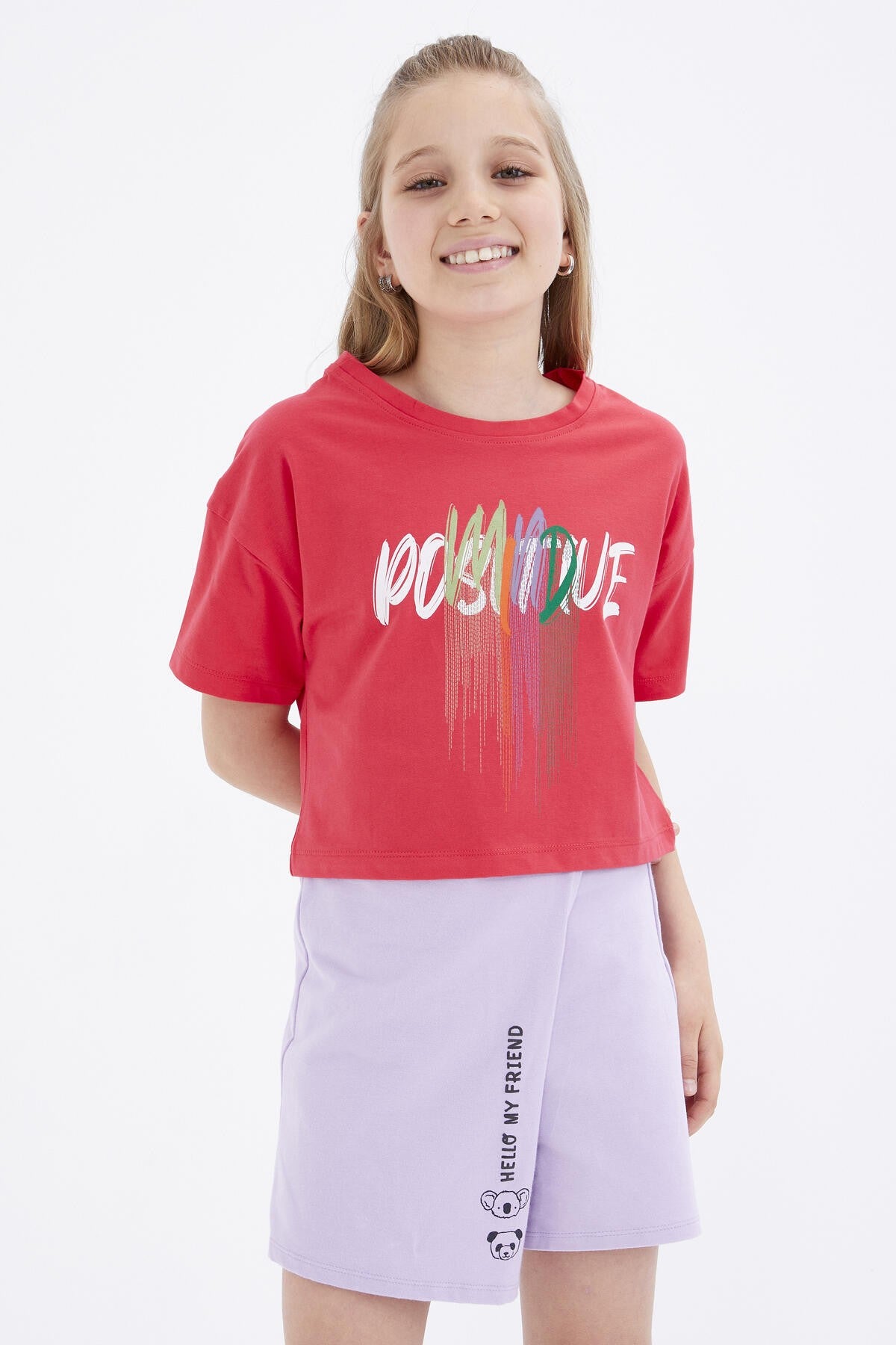 Rose Color Printed O Collar Oversize Drop Shoulder Girls Crop T-Shirt - 75036