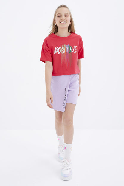 Rose Color Printed O Collar Oversize Drop Shoulder Girls Crop T-Shirt - 75036