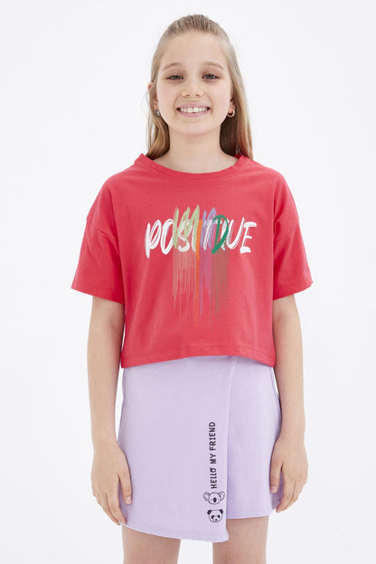 Rose Color Printed O Collar Oversize Drop Shoulder Girls Crop T-Shirt - 75036