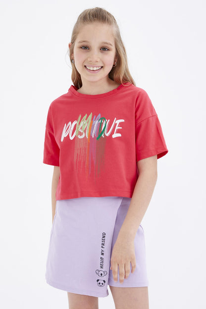 Rose Color Printed O Collar Oversize Drop Shoulder Girls Crop T-Shirt - 75036