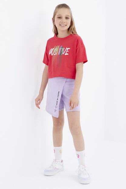 Rose Color Printed O Collar Oversize Drop Shoulder Girls Crop T-Shirt - 75036