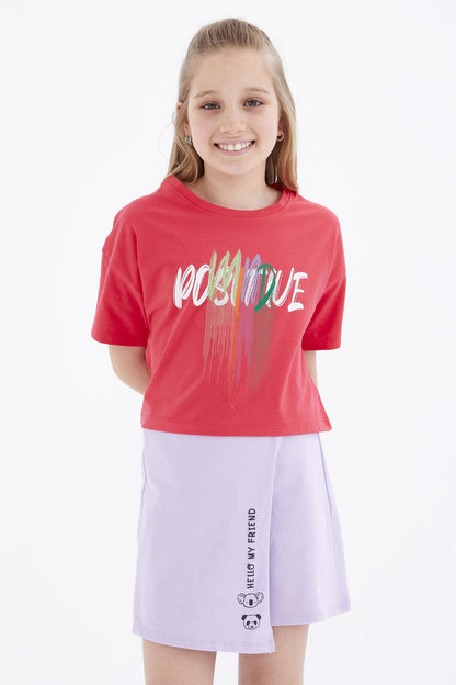 Rose Color Printed O Collar Oversize Drop Shoulder Girls Crop T-Shirt - 75036