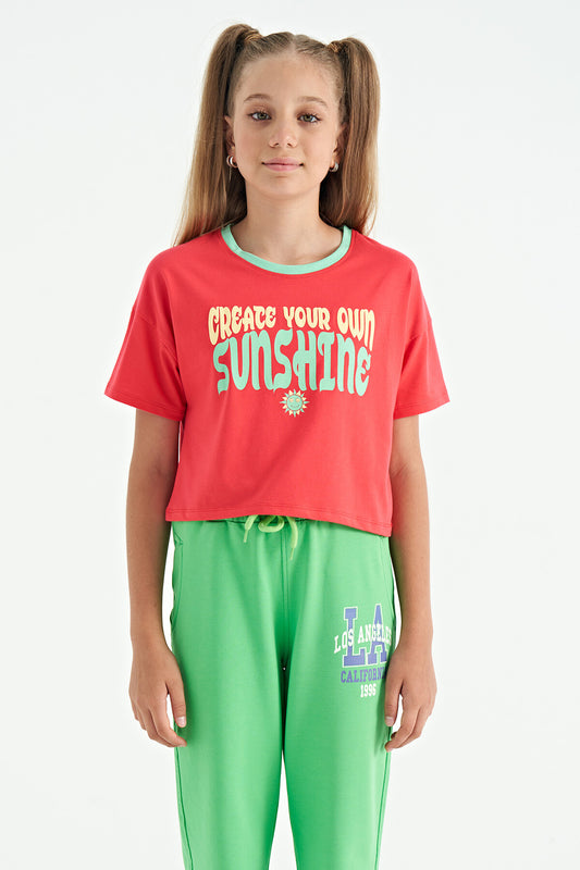 Rose Color Print O Collar Oversize Short Sleeve Girl's T-Shirt - 75111