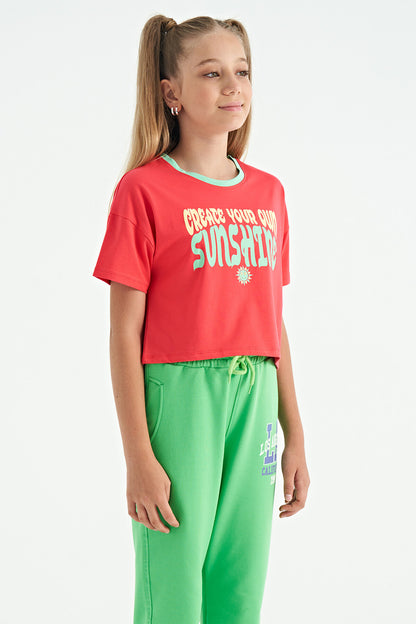 Rose Color Print O Collar Oversize Short Sleeve Girl's T-Shirt - 75111