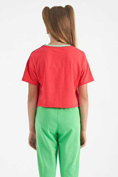 Rose Color Print O Collar Oversize Short Sleeve Girl's T-Shirt - 75111