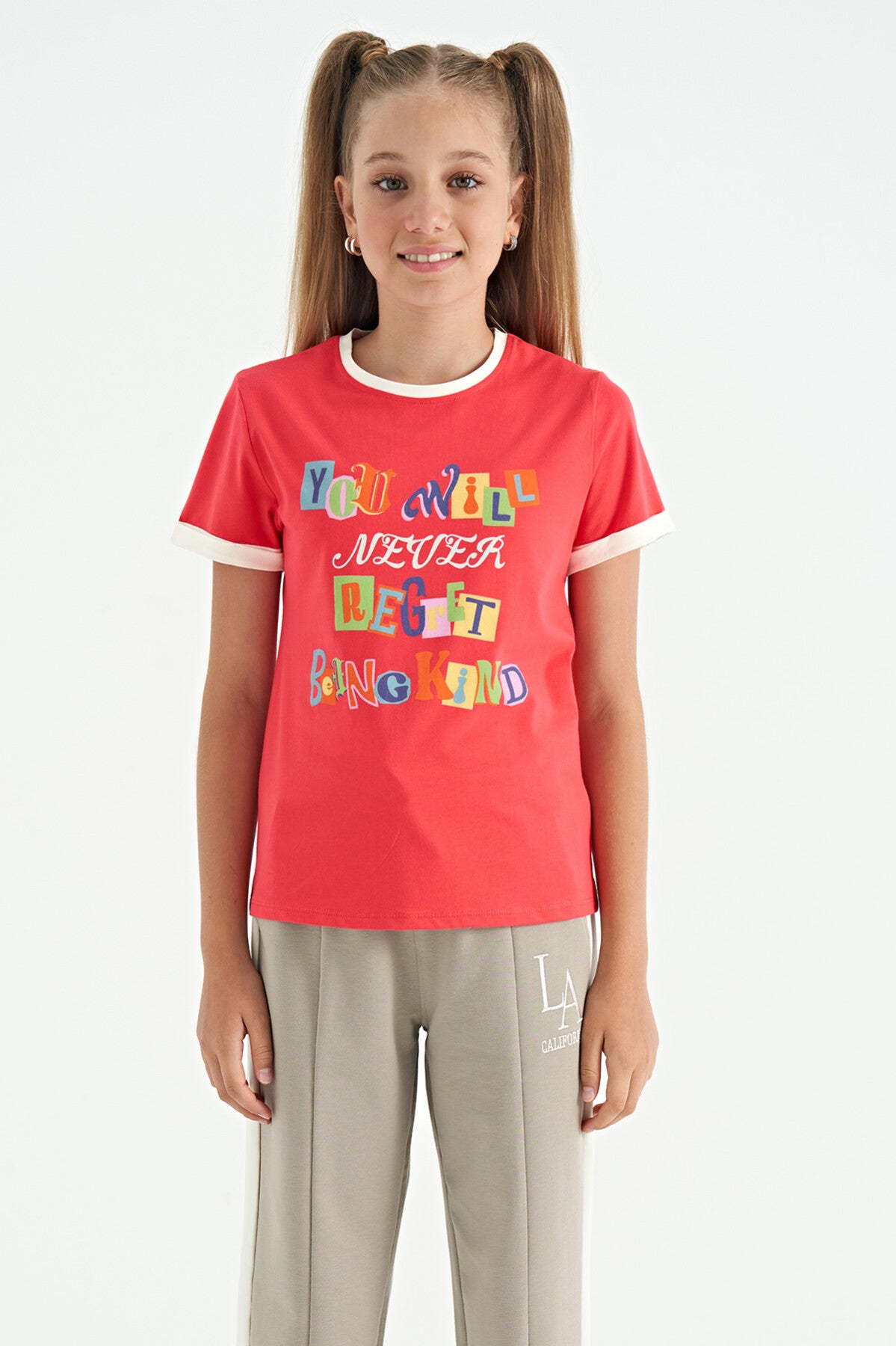Rose Color Detailed O Collar Comfort Fit Girls T-Shirt - 75109