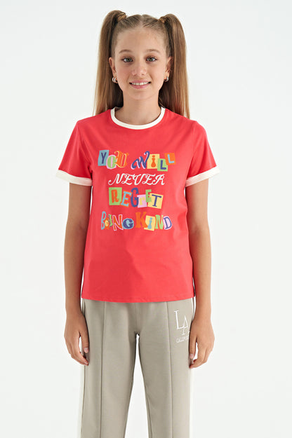 Rose Color Detailed O Collar Comfort Fit Girls T-Shirt - 75109