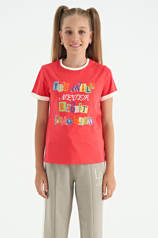 Rose Color Detailed O Collar Comfort Fit Girls T-Shirt - 75109