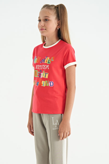 Rose Color Detailed O Collar Comfort Fit Girls T-Shirt - 75109