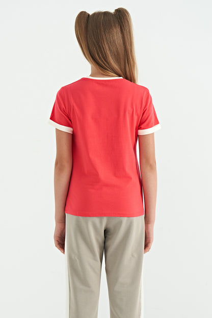 Rose Color Detailed O Collar Comfort Fit Girls T-Shirt - 75109