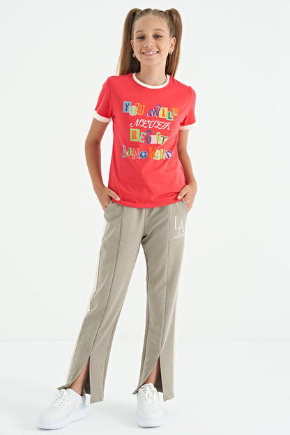 Rose Color Detailed O Collar Comfort Fit Girls T-Shirt - 75109