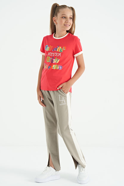 Rose Color Detailed O Collar Comfort Fit Girls T-Shirt - 75109