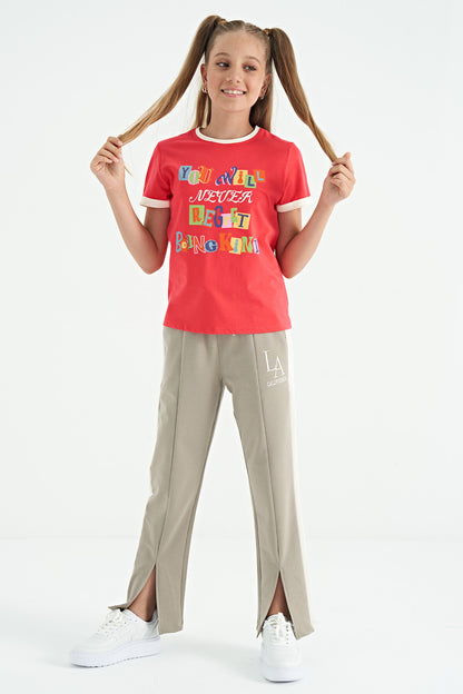 Rose Color Detailed O Collar Comfort Fit Girls T-Shirt - 75109