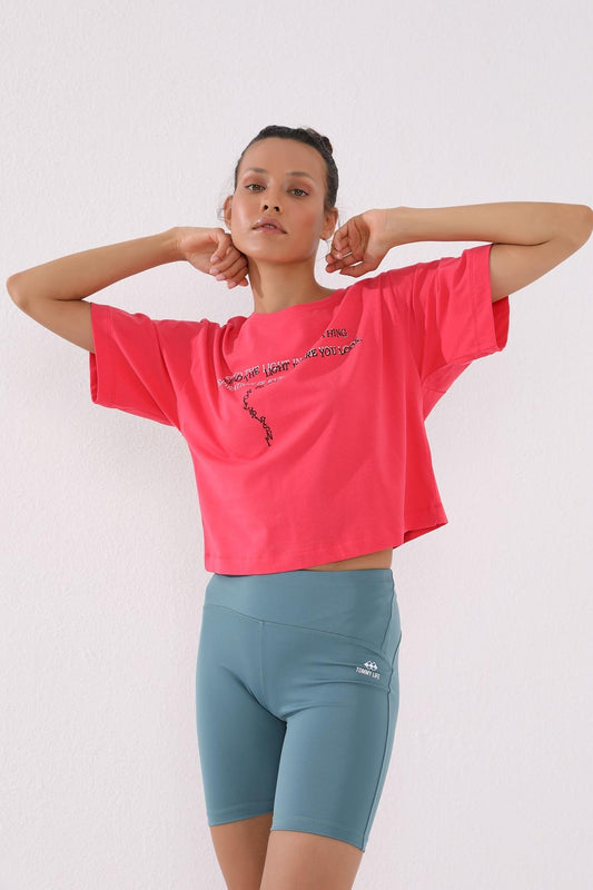 Rose Print Short O Collar Women's Oversize T-Shirt - 97135