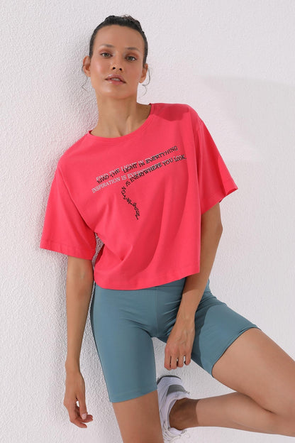 Rose Print Short O Collar Women's Oversize T-Shirt - 97135