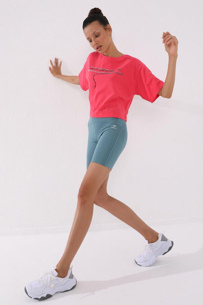 Rose Print Short O Collar Women's Oversize T-Shirt - 97135