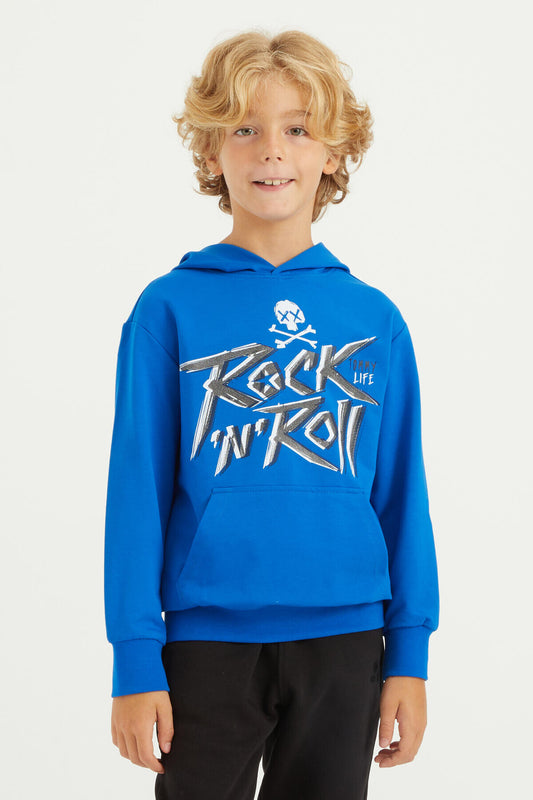 Hooded Standard Fit Boys' Sweatshirt with Kangaroo Pocket and Print Design - 11002
