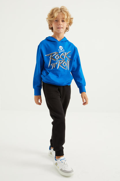 Hooded Standard Fit Boys' Sweatshirt with Kangaroo Pocket and Print Design - 11002