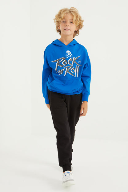 Hooded Standard Fit Boys' Sweatshirt with Kangaroo Pocket and Print Design - 11002