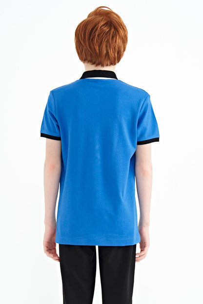 Printed Blue Detailed Standard Mold Polo Collar Boys T-Shirt - 11140