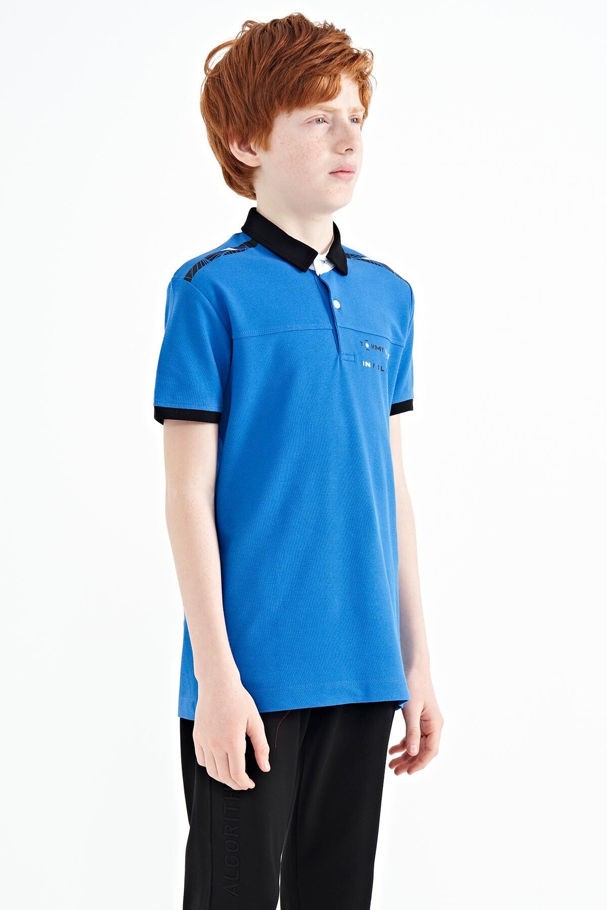 Printed Blue Detailed Standard Mold Polo Collar Boys T-Shirt - 11140