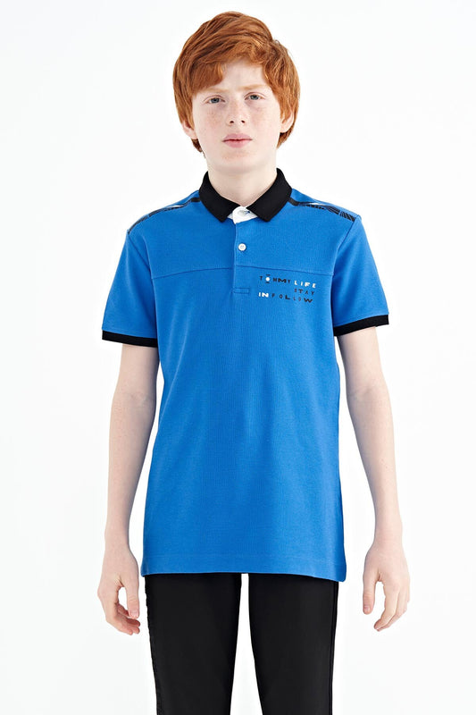 Printed Blue Detailed Standard Mold Polo Collar Boys T-Shirt - 11140