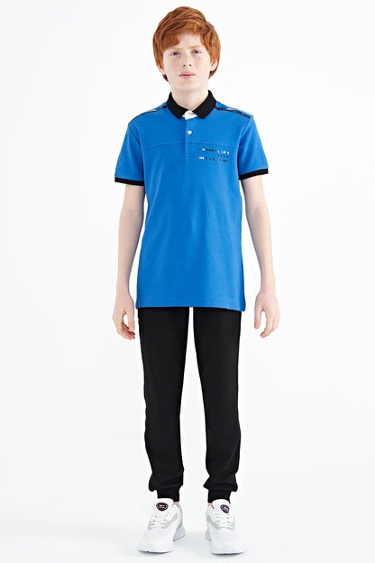 Printed Blue Detailed Standard Mold Polo Collar Boys T-Shirt - 11140