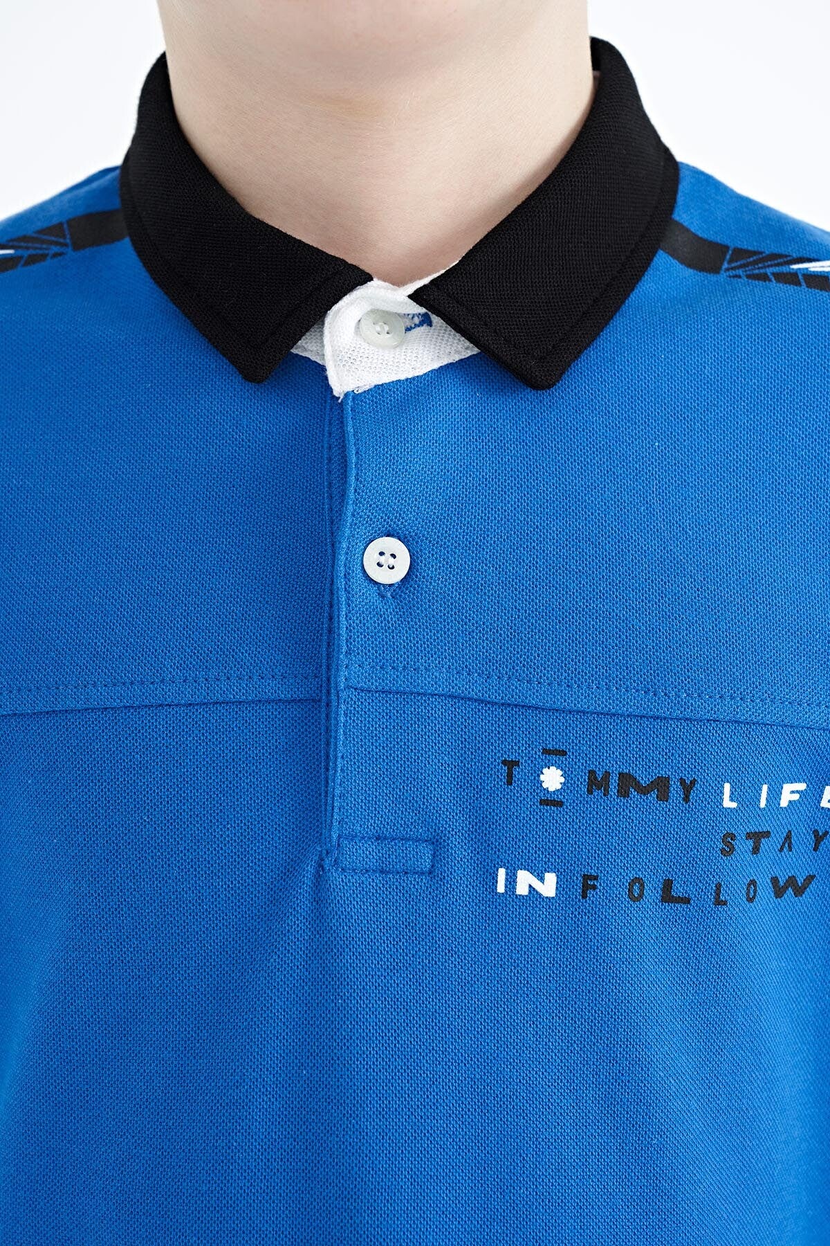 Printed Blue Detailed Standard Mold Polo Collar Boys T-Shirt - 11140