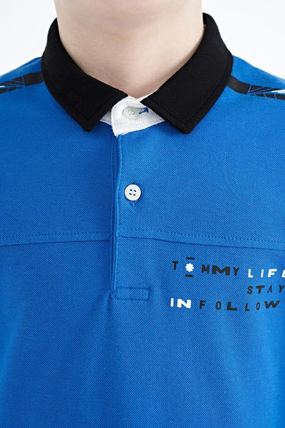 Printed Blue Detailed Standard Mold Polo Collar Boys T-Shirt - 11140