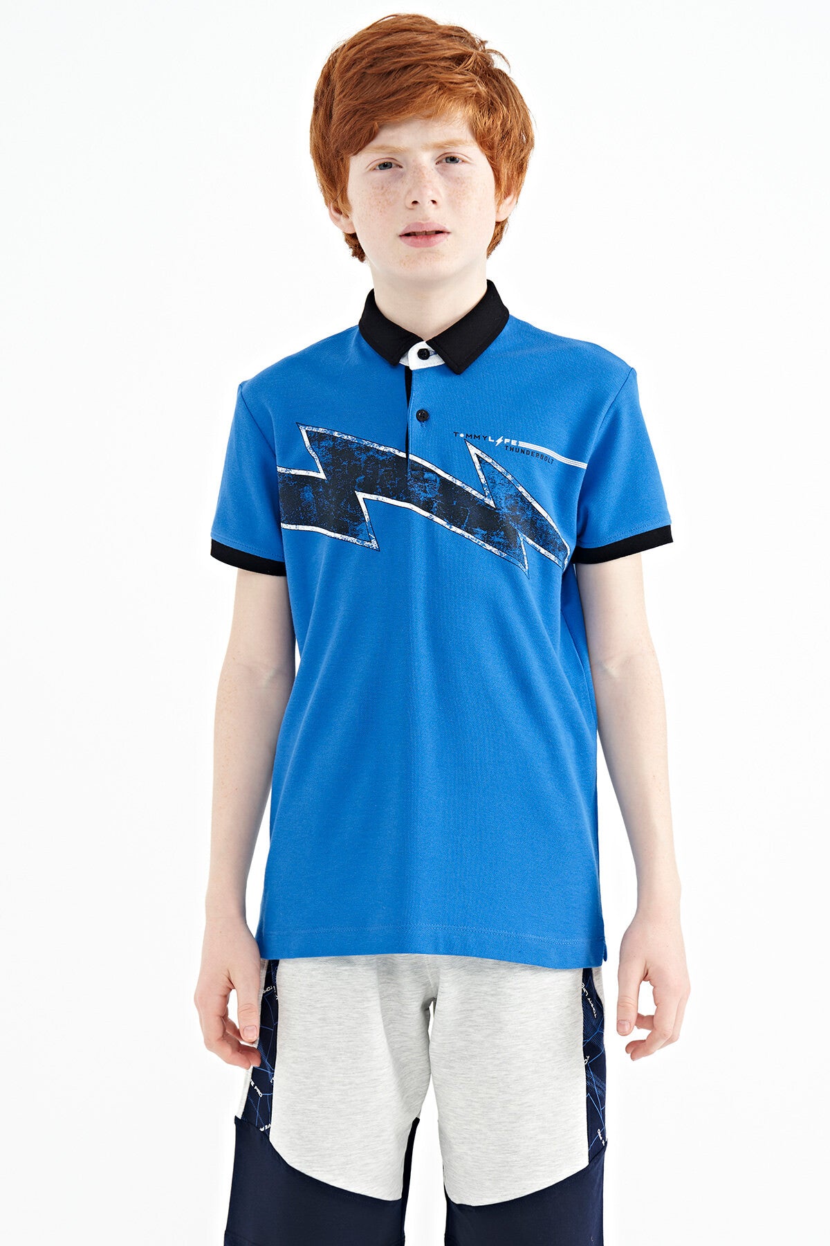 Printed Sleeve Detailed Standard Mold Polo Collar Boys T-Shirt - 11154