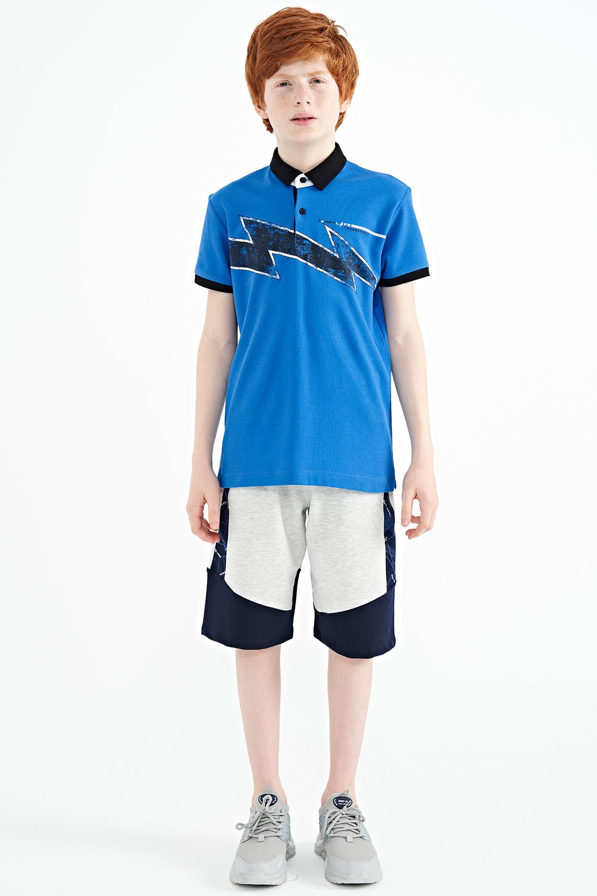 Printed Sleeve Detailed Standard Mold Polo Collar Boys T-Shirt - 11154