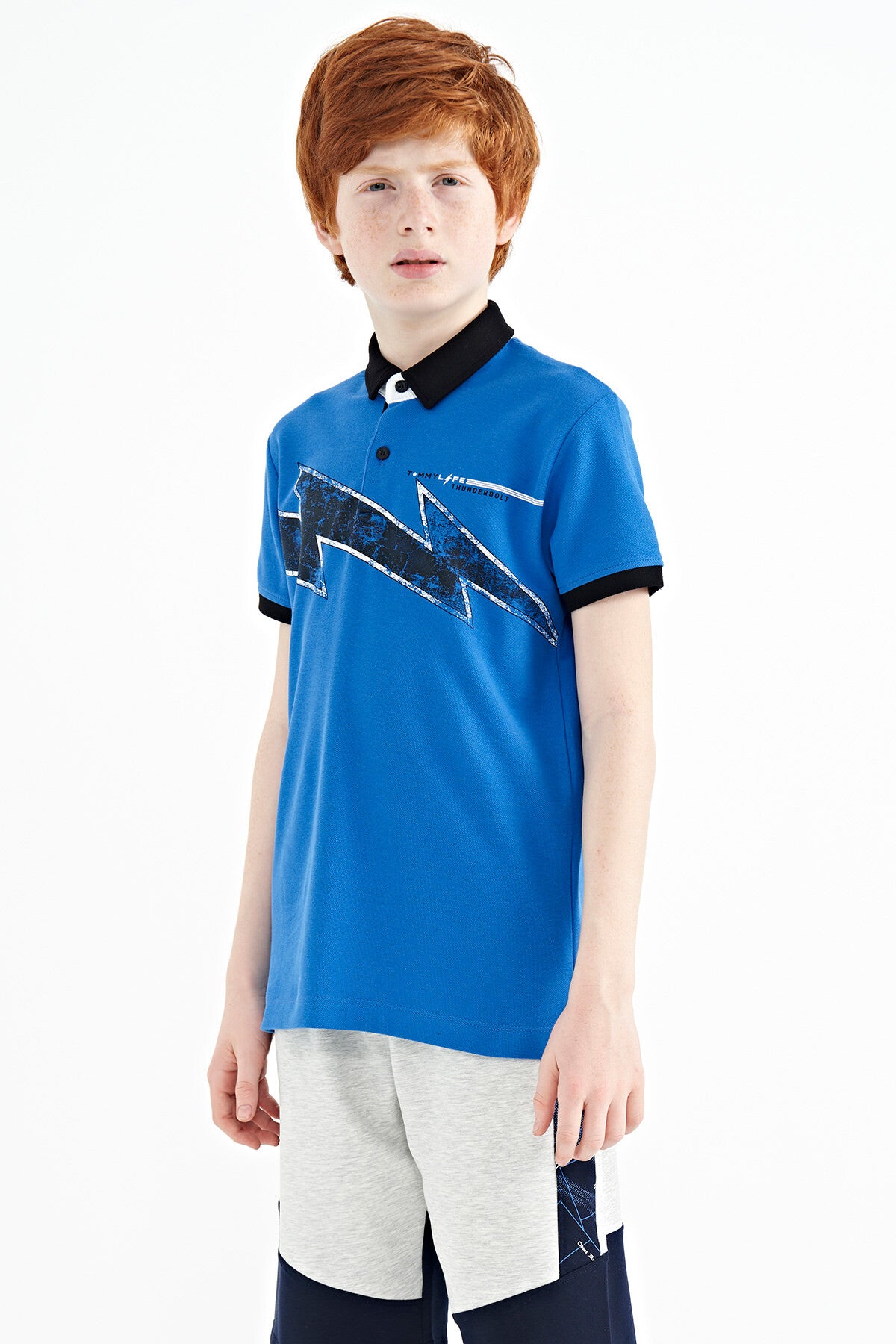 Printed Sleeve Detailed Standard Mold Polo Collar Boys T-Shirt - 11154