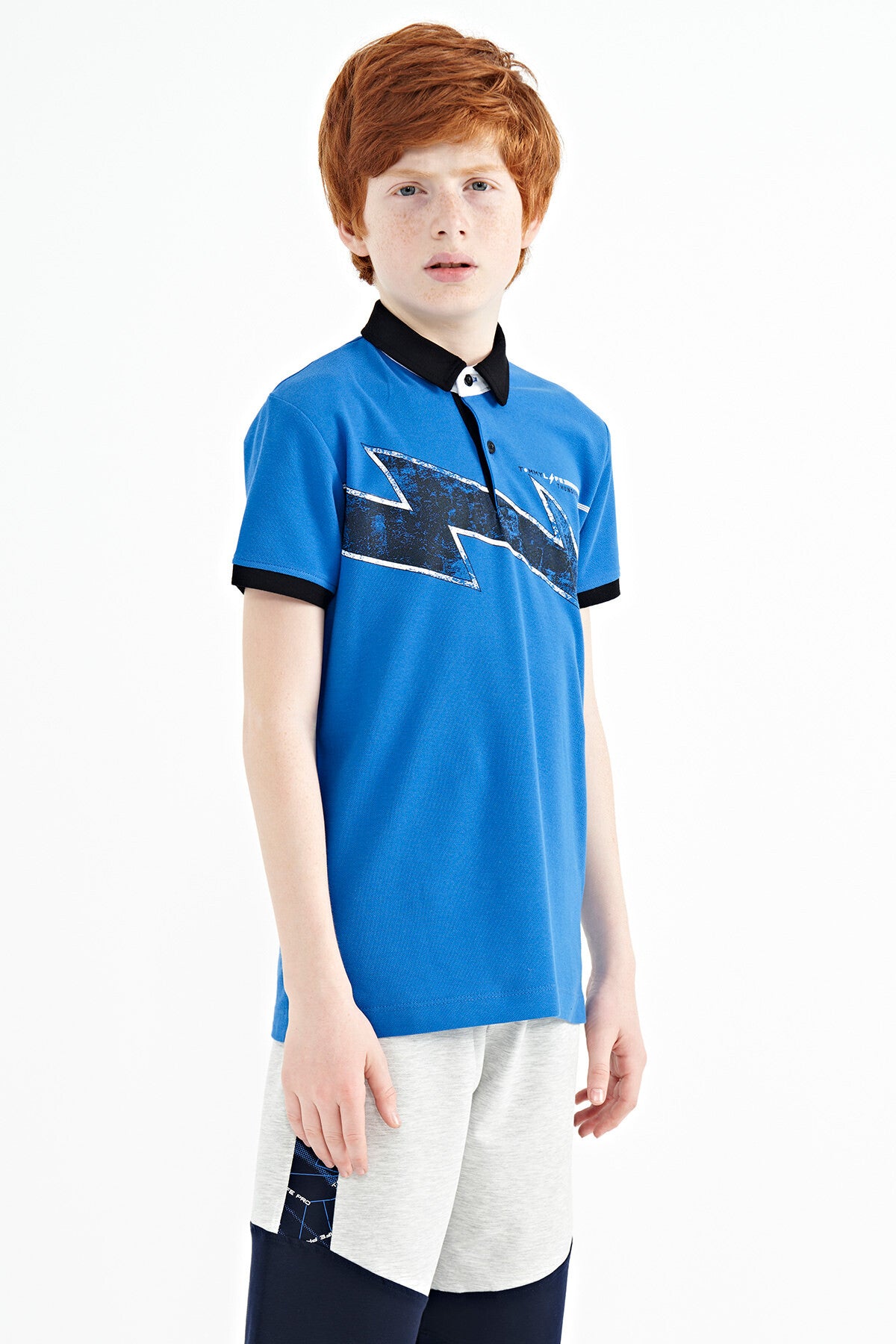 Printed Sleeve Detailed Standard Mold Polo Collar Boys T-Shirt - 11154