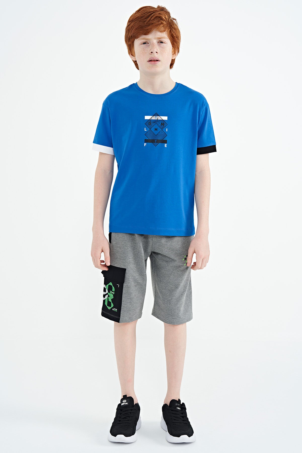 Colored Neck Edge Detailed Printed Oversize Boys' T-Shirt - 11137