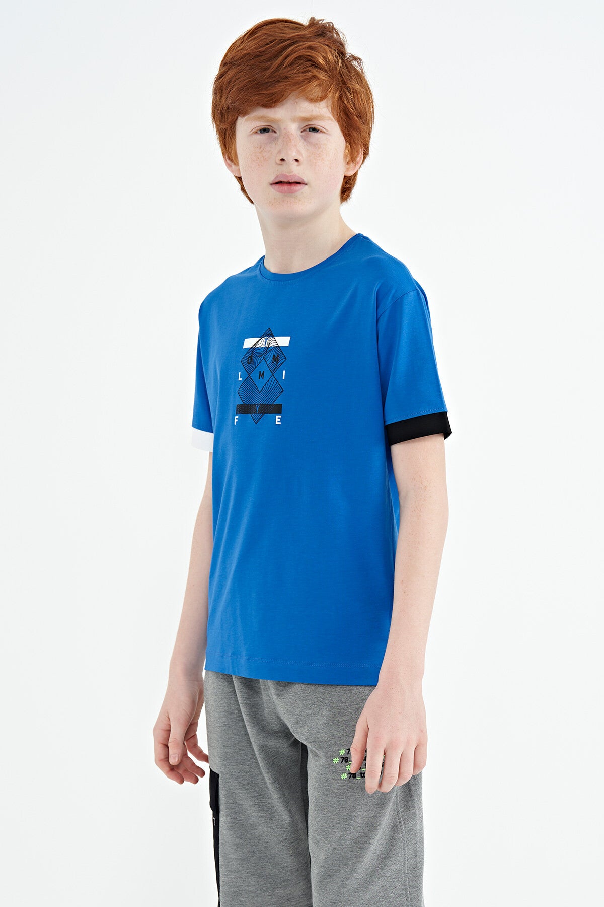 Colored Neck Edge Detailed Printed Oversize Boys' T-Shirt - 11137