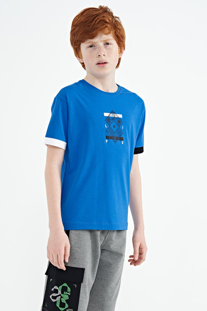 Colored Neck Edge Detailed Printed Oversize Boys' T-Shirt - 11137