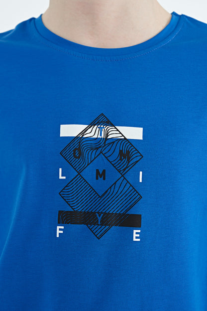 Colored Neck Edge Detailed Printed Oversize Boys' T-Shirt - 11137
