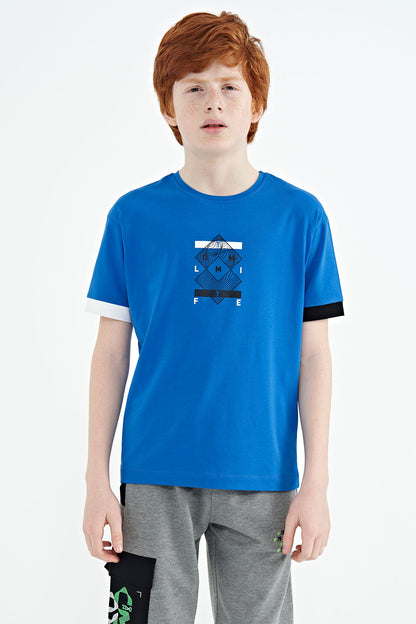 Colored Neck Edge Detailed Printed Oversize Boys' T-Shirt - 11137
