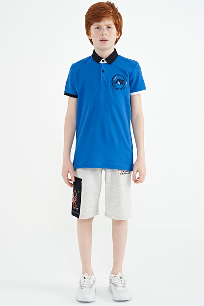 Colored Collar Tip Logo Embroidered Standard Fit Polo Collar Boys' T-Shirt - 11138