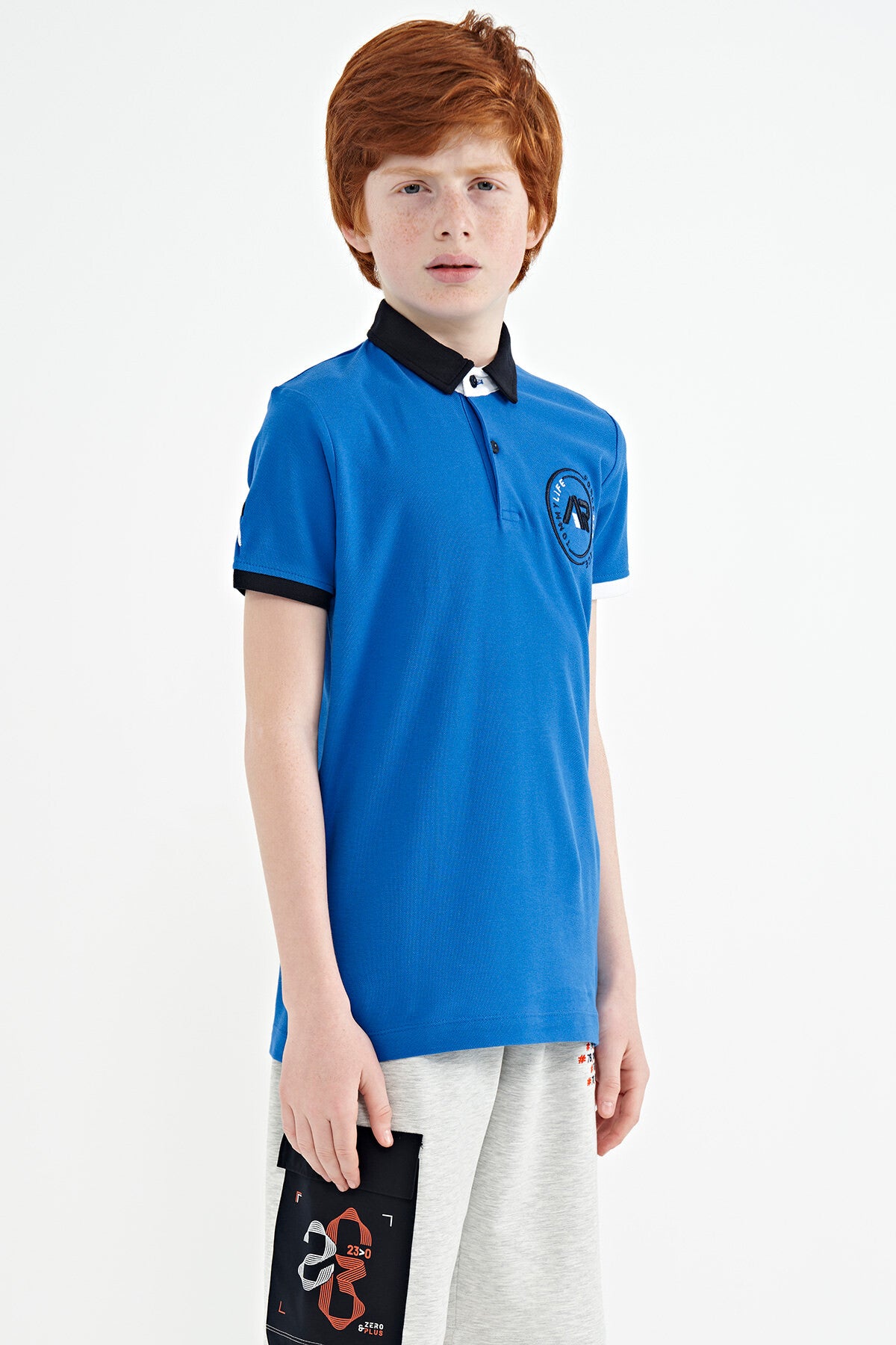 Colored Collar Tip Logo Embroidered Standard Fit Polo Collar Boys' T-Shirt - 11138