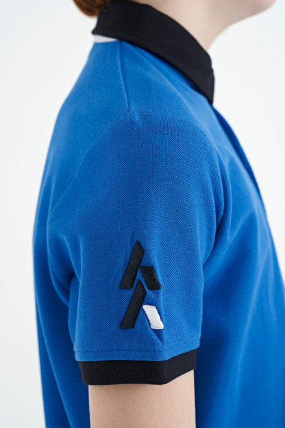 Colored Collar Tip Logo Embroidered Standard Fit Polo Collar Boys' T-Shirt - 11138
