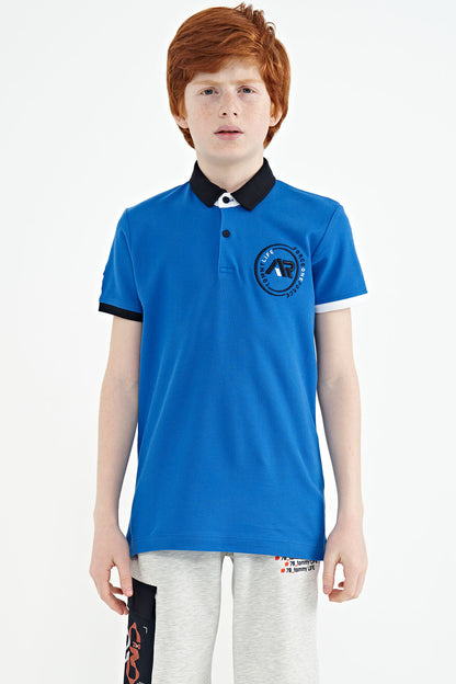 Colored Collar Tip Logo Embroidered Standard Fit Polo Collar Boys' T-Shirt - 11138